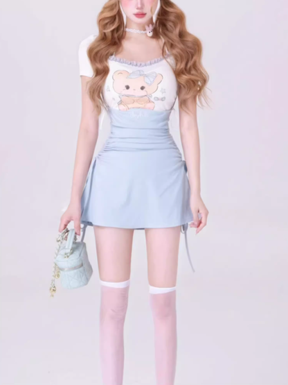 Pure desire style printed short T-shirt 2025 halter neck pleated waist a-line skirt suit R1207