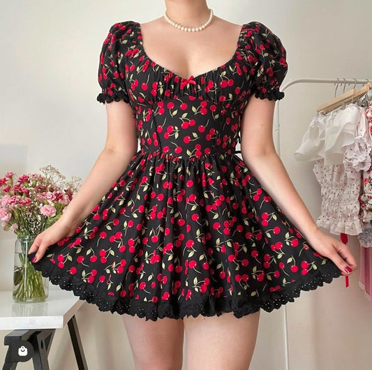 Floral puff sleeves square neck slim waist short skirt homecoming dress R2668
