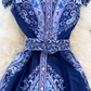 Retro palace style goddess style single-breasted lapel print dress elegant A-line long skirt R0361