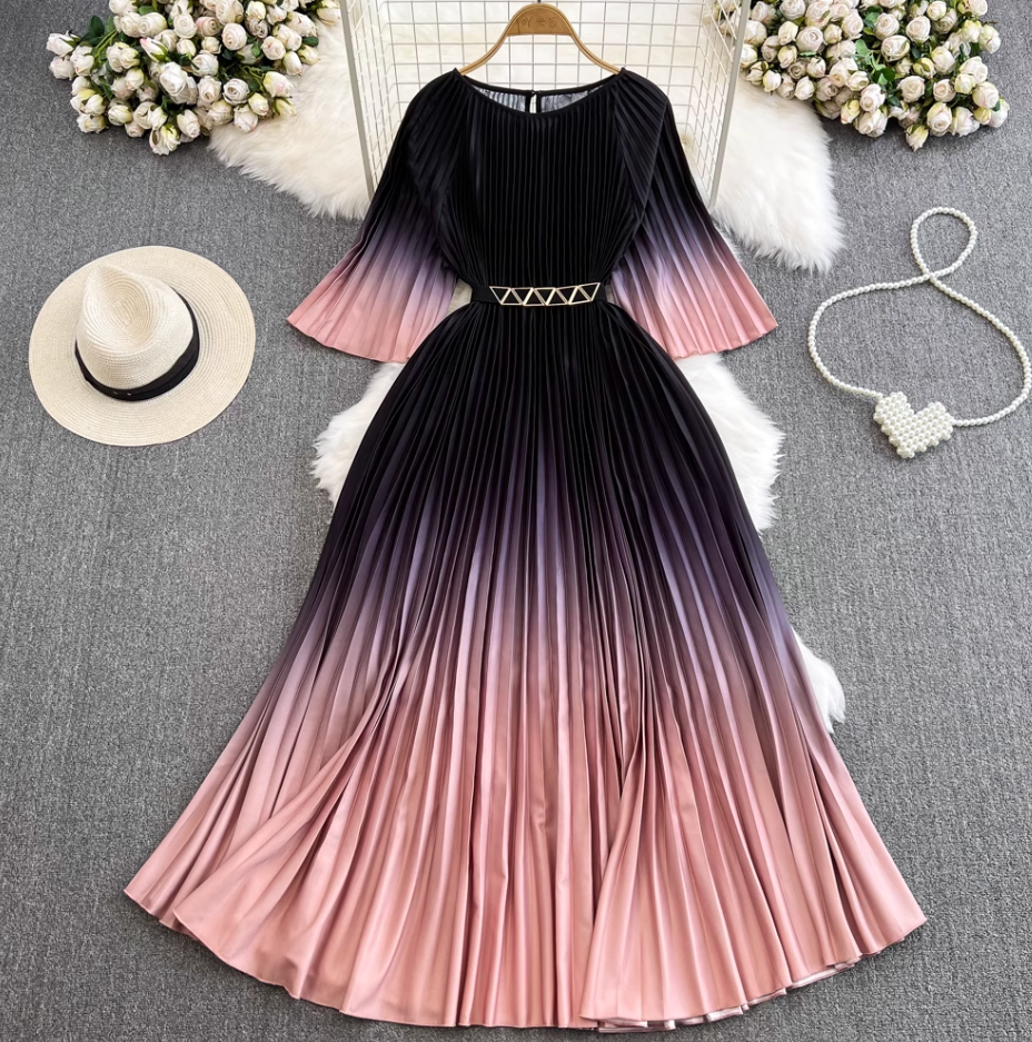 Light mature style celebrity temperament waist slimming A-line large swing printed pleated dress R0307