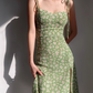 French slim side slit dress, vintage green daisy camisole, knee length skirt R2866
