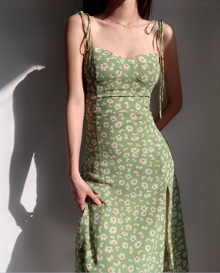 French slim side slit dress, vintage green daisy camisole, knee length skirt R2866