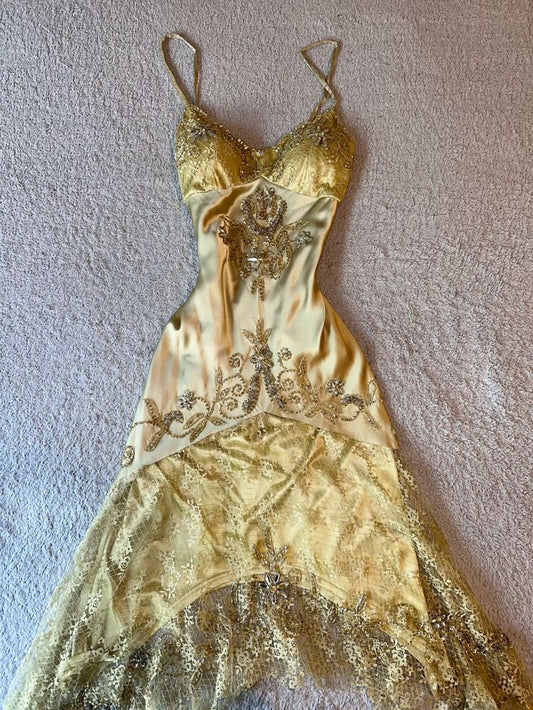 Gold Charming Suspender Waist Pattern Design Irregular Skirt Long Dress Prom Dress Homecoming Dress R2960