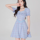 Plaid dress puff sleeves high waist short skirt new style high-end square neck A-line skirt R4496