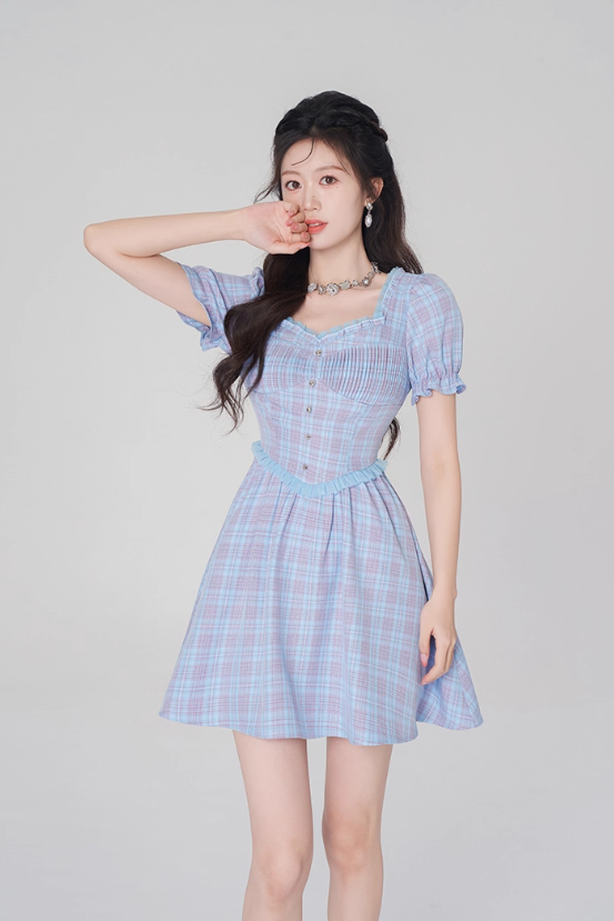 Plaid dress puff sleeves high waist short skirt new style high-end square neck A-line skirt R4496