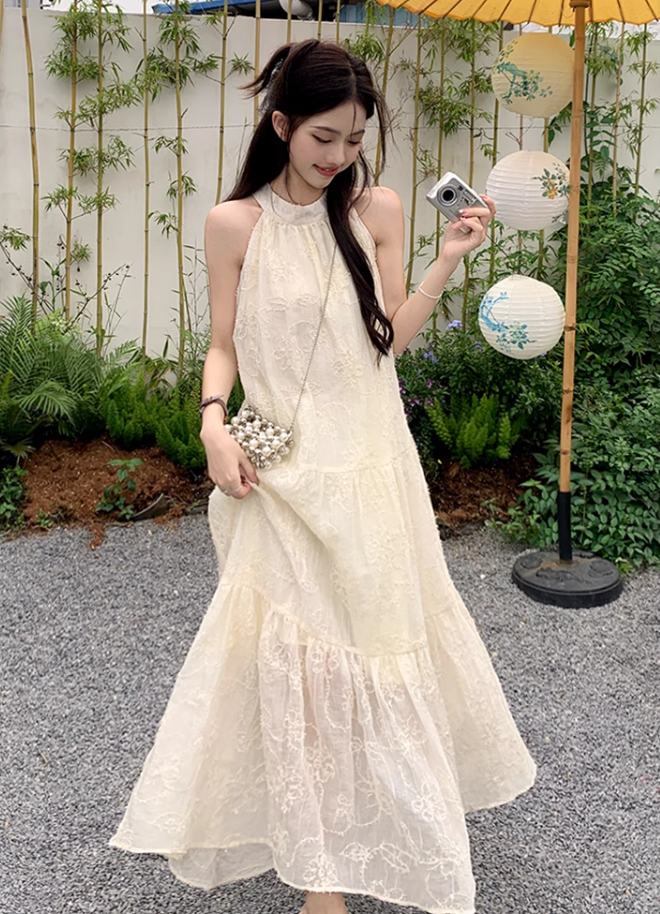 White lace off-shoulder beach maxi dress holiday suspender dress French retro dress R1697