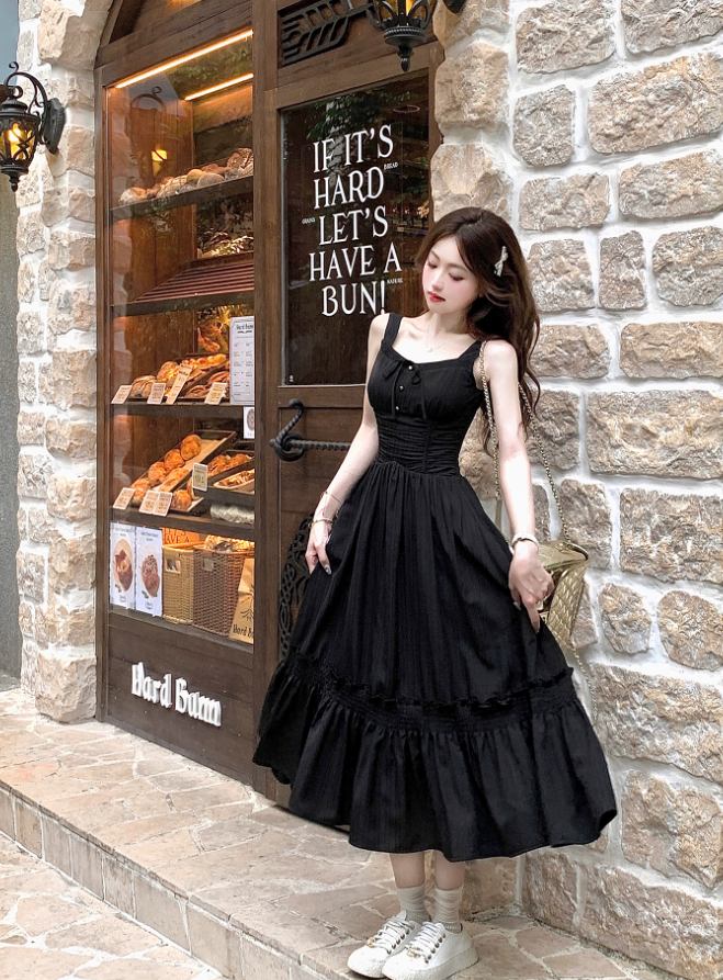 French style white sling long skirt for women summer temperament waist dress R3830