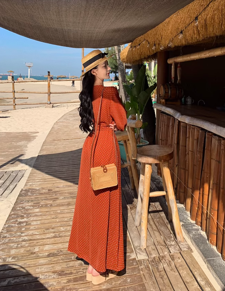Travel wear retro ethnic style one-piece dress long sleeve seaside holiday wrap dress R1626