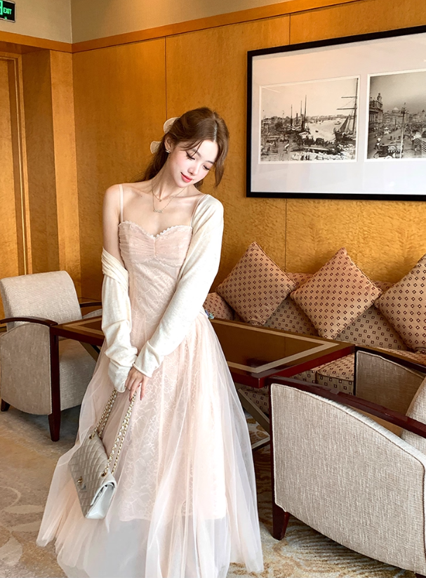 Pink waist temperament mesh embroidery suspender dress women's summer French skirt R4748