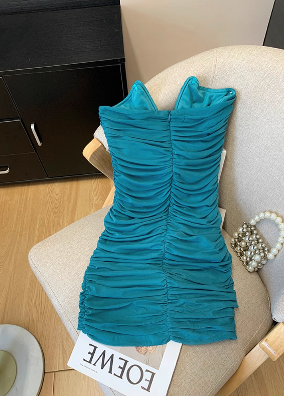 Green rich lady v-neck tube top dress female temperament dress backless sexy short hip skirt R3950