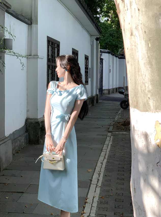 Light blue irregular dress summer new style generous and decent temperament slim long skirt R4220
