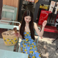 Dress lemon print holiday French backless knee-length suspender dress R2903