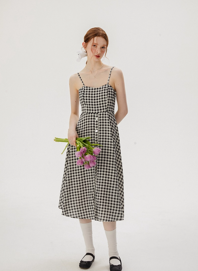 French retro plaid suspender dress niche design skirt women summer R3562