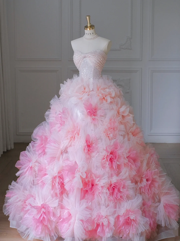 Pink Strapless Sequined Waist Slim Fit 3D Flower Skirt Long Dress Bridal Gown R5827