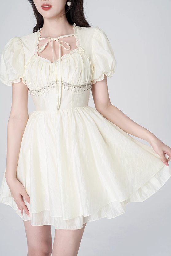 Gentle style cream yellow dress women's summer new style skirt high-end puffy short skirt R4456
