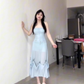 One dress with multiple wears Blue bow suspender dress Gentle temperament waist A-line long skirt R0464
