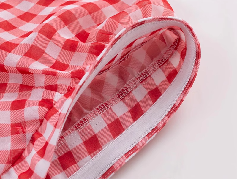 2025 Summer New Red Plaid Square Neck French Short Sleeve High Waist Long Dress R0943