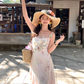 Pink long printed waist fishtail suspender dress for women summer French style slim temperament skirt R4821