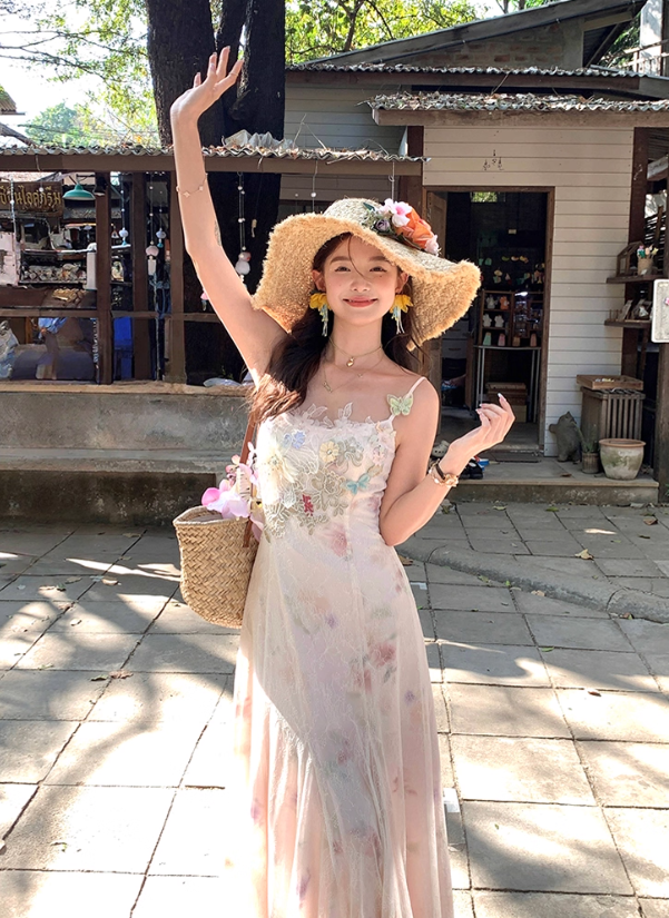 Pink long printed waist fishtail suspender dress for women summer French style slim temperament skirt R4821