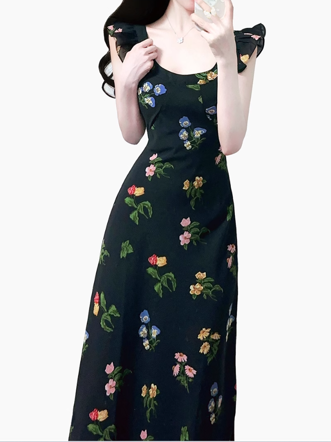 2025 summer new black floral waist slimming small flying sleeves holiday dress R0953