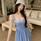 Fairy pure waist skirt suspenders plaid long skirt lace holiday style dress R1753