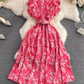 Gentle style stand-up collar, slim waist, printed A-line long swing dress 2025 high waist elegant long skirt R0359
