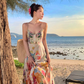 Beach long dress with flowers and floral pattern, high waist chiffon suspenders and large skirt R1628
