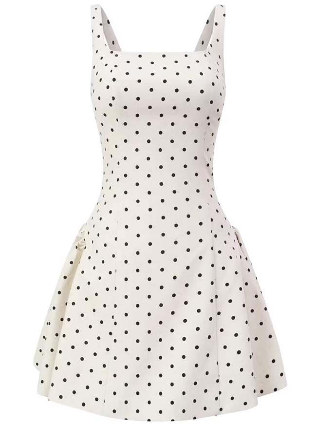 2025 Summer New Apricot Polka Dot Waist Square Neck A-line Short Suspender Dress R0907