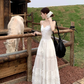 Fairy white Dingdal skirt waist skirt lace splicing slit suspender dress R1755