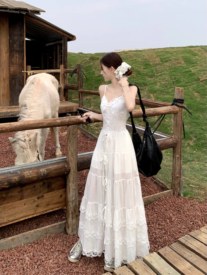 Fairy white Dingdal skirt waist skirt lace splicing slit suspender dress R1755