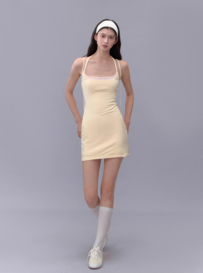 Hot girl solid color slim halter neck suspender dress summer hip-wrapped slim sexy short skirt R3329