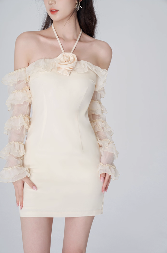 Tea break French dress women's summer white halter neck short skirt new style chic niche skirt R4463