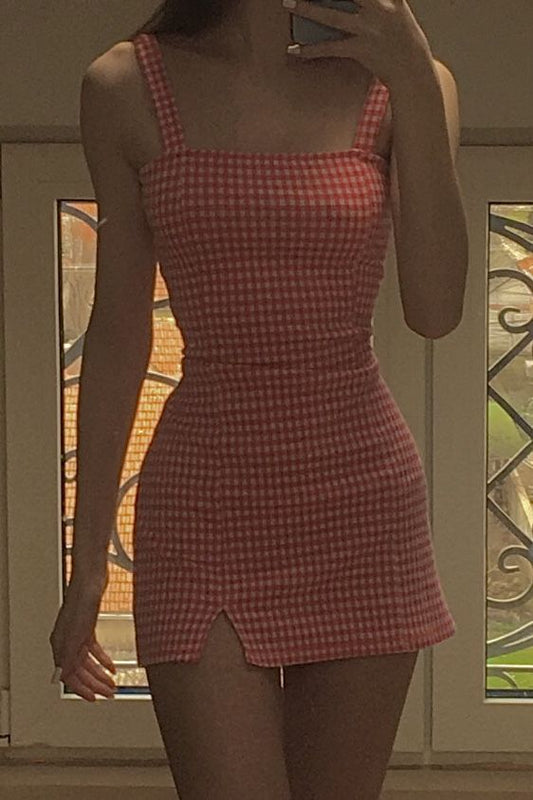 Pink checkered suspenders waist slim mini skirt homecoming dress R3283