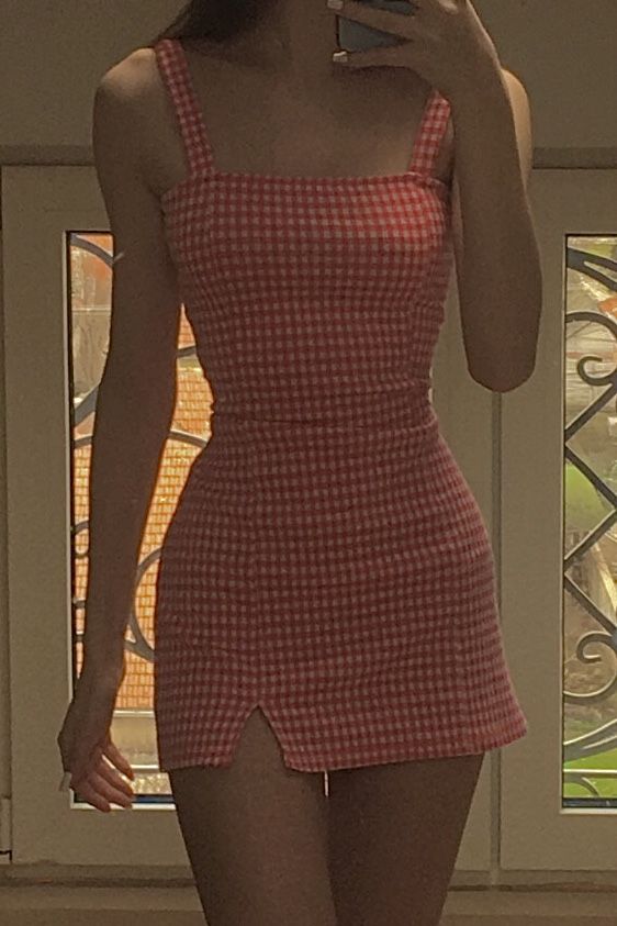 Pink checkered suspenders waist slim mini skirt homecoming dress R3283