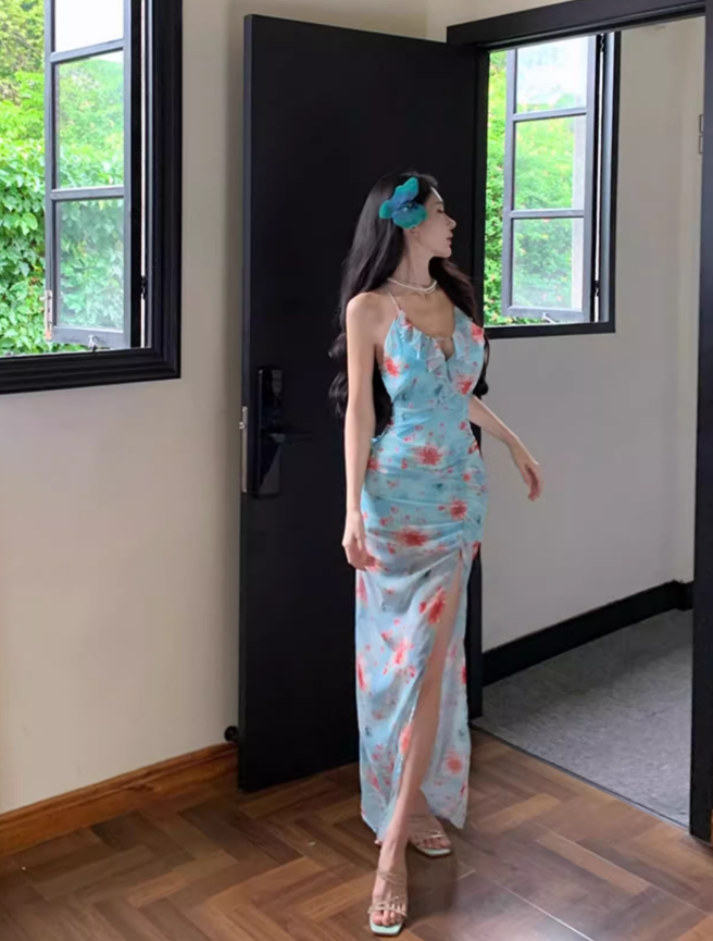 Sweet and spicy high slit slim backless dress beach dress seaside holiday atmosphere dress R1576