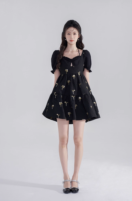 Black hollow high-end short skirt sweet jacquard baby doll skirt summer back bow dress for women R4114