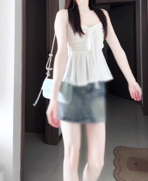 Gentle temperament white cardigan camisole vest denim shorts three-piece set R0888