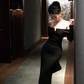 Tube Top Dress Long Sleeves Temperament Slim Fit Hip-hugging Black Long Dress R1522