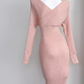 Pure desire slim waist sexy hip pink dress V-neck bottom knitted long skirt R0296
