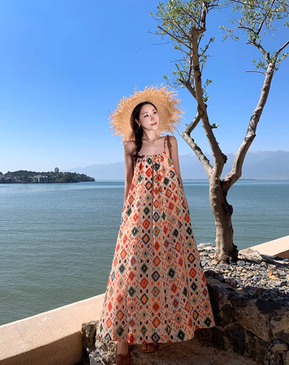 National style retro floral suspender dress temperament loose A-line long skirt R0615