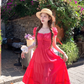 Red long square-neck cinched waist A-line dress, a French retro style dress for women's summer R4786