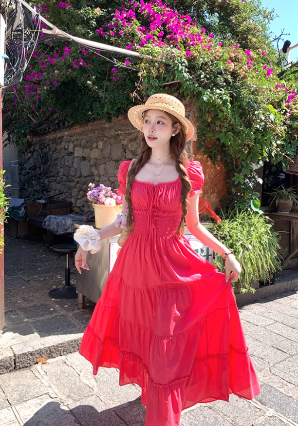 Red long square-neck cinched waist A-line dress, a French retro style dress for women's summer R4786