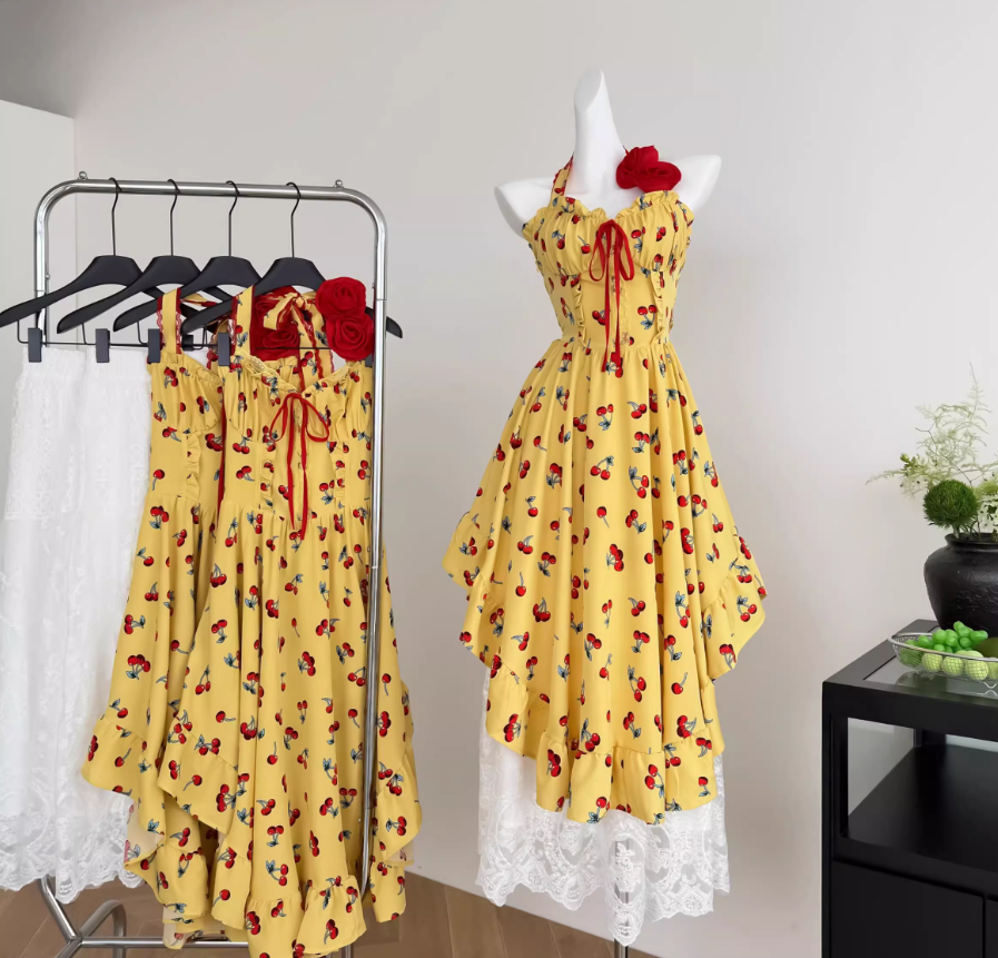 Yellow holiday style irregular backless suspender skirt + skirt R2032