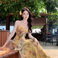 Gentle style floral suspender dress with backless and beautiful long dress R0561