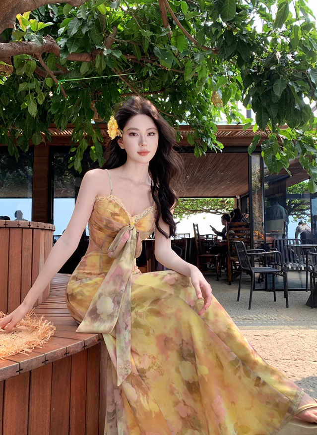 Gentle style floral suspender dress with backless and beautiful long dress R0561