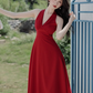Retro wine red sling halter neck dress temperament waist high-end dress R1496
