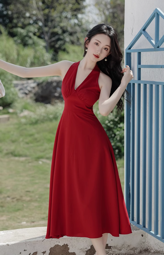 Retro wine red sling halter neck dress temperament waist high-end dress R1496