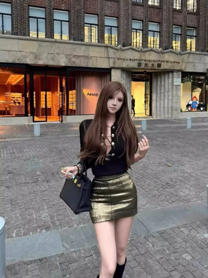 Sexy hot girl hollow chain button knitted top 2025 temperament lady hip skirt suit R1121