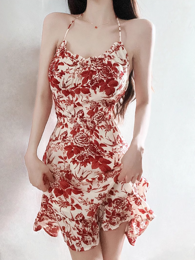 2025 summer new V-neck floral petite red A-line holiday suspender dress R0963
