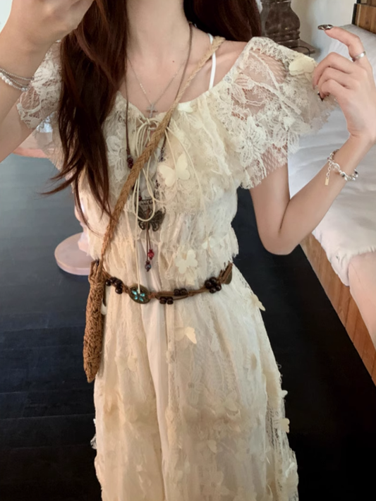 French fairy temperament holiday v-neck suspender dress lace blouse two-piece outfit R1735